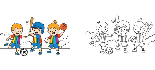 Naklejka premium Kids sports coloring book page featuring children playing soccer baseball and basketball with colored reference and black and white line art vector for educational activities.