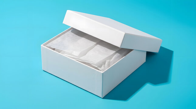 Open white square gift box with tissue paper on blue background