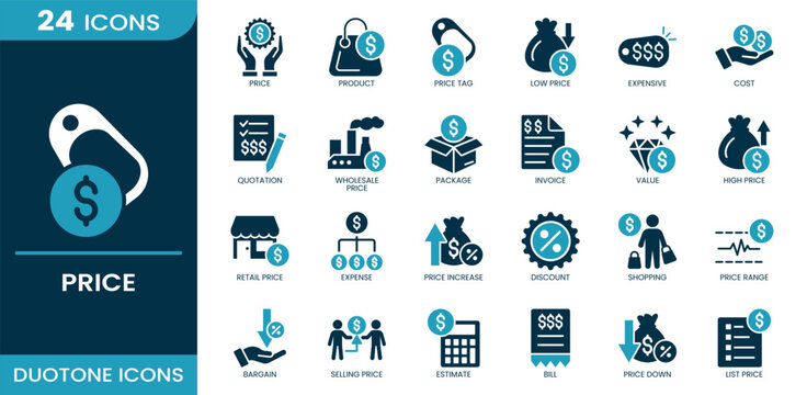 Price icon set. Price, product, price tag, low price, expensive, invoice, bargain, value, shopping, cost, pricing, wholesale price, estimate. Duotone vector icons.