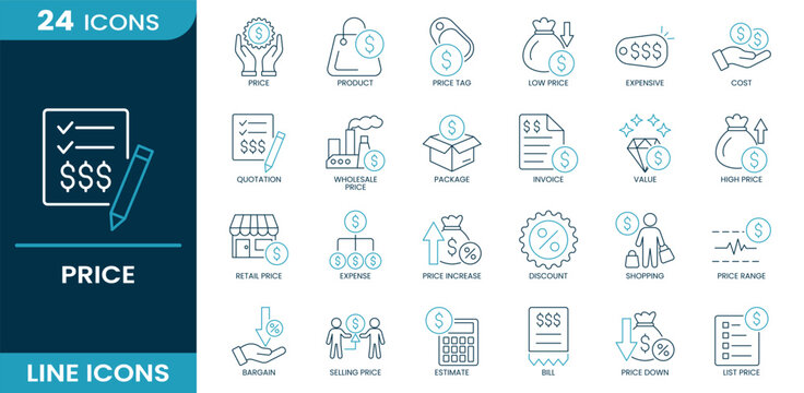 Price icon set. Price, product, price tag, low price, expensive, pricing, retail price, discount, cost, value, invoice, estimate, shopping. Line vector icons.
