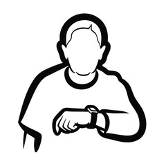 Obraz premium Person checking wristwatch minimalist outline vector illustration. Time management and punctuality concept. Isolated on transparent background