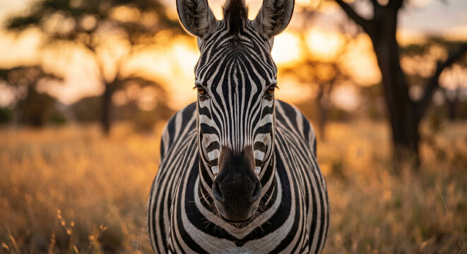 Striking plains zebra portrait with an intense gaze in the golden light of sunset
