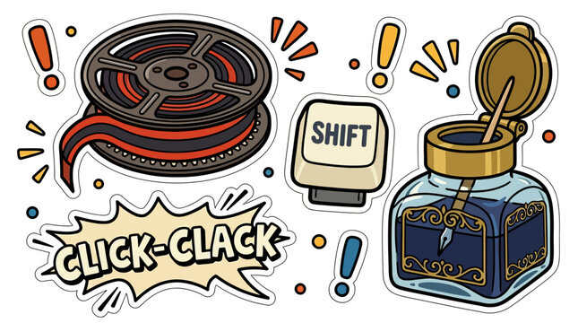 A collection of vintage writing and filmmaking tools, including a film reel, inkwell, and typewriter key.