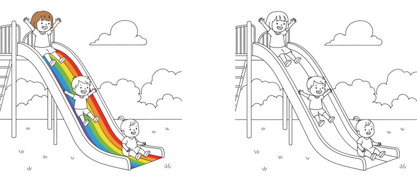 Kids playing on a rainbow slide coloring book page with colored reference and black and white line art vector for children's educational activities and creative painting practice.