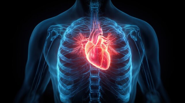A 3d rendered medical illustration of human body anatomy showing the skeleton and heart with blue x-ray highlights on the spine, bone joints, and stomach to represent health science and pain