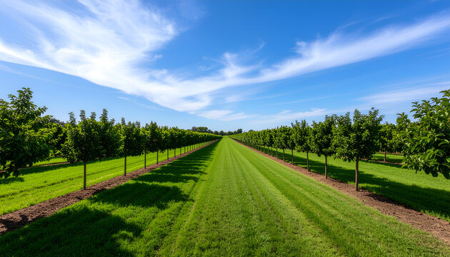 Symmetrical orchard rows under blue summer sky.