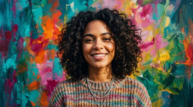 Smiling Woman with Curly Hair Against Colorful Background Smiling Woman Curly Hair Colorful Background Portrait Abstract Art Happy. Concept featuring smiling, woman, curly hair, colorful background...