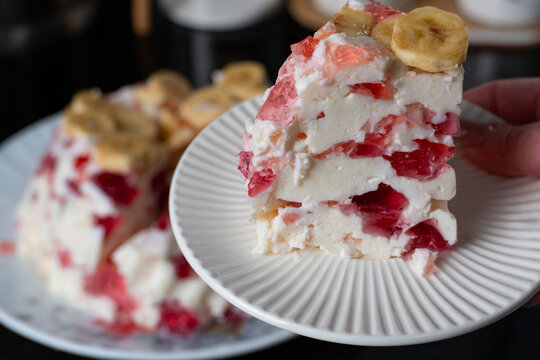 Homemade Jelly Cream Dessert with Banana Slices