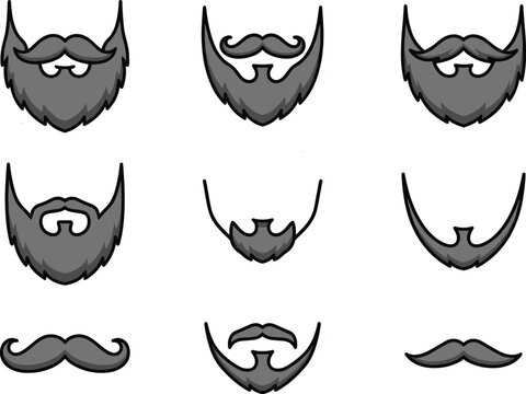 Stylized beard and mustache illustration set showing diverse facial hair designs for grooming, fashion, and character design use