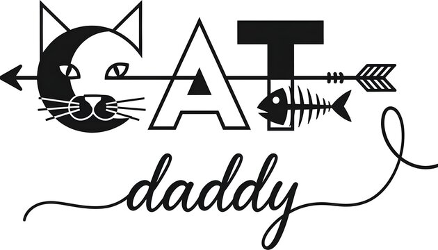 Cat daddy typography design with cat face, arrow and fish bone elements