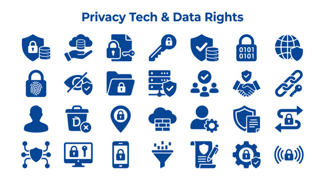 Digital privacy and data protection icons representing security technology and online rights in a modern abstract concept
