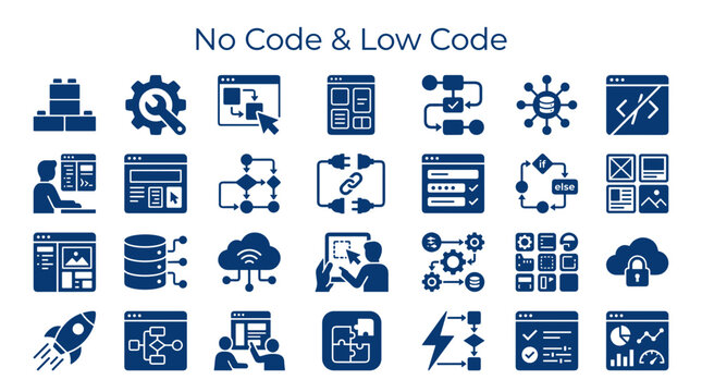 No Code Low Code Software Development Icons Representing Digital Transformation and Automation Solutions