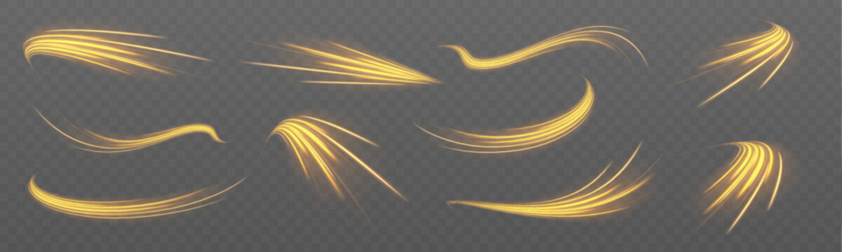 Glowing yellow light trails arc elegantly with energetic movement. Refined gradients create a premium appearance. Transparent background simplifies placement.