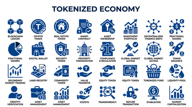 Tokenized Economy Concept with Digital Icons Representing Blockchain Assets and Financial Innovations