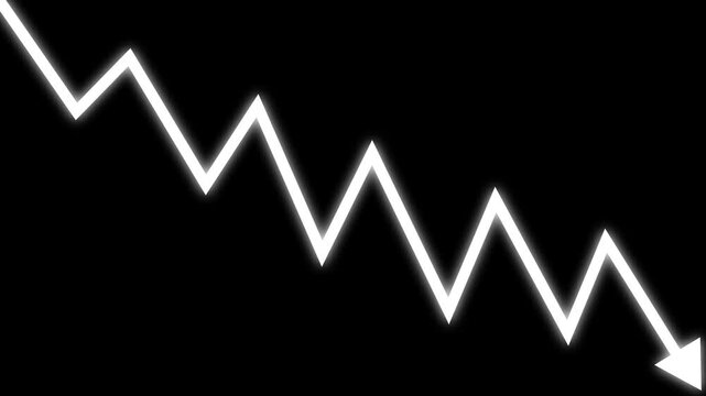 Glowing zigzag down arrow animation representing market decline and financial loss. Ideal for charts, business visuals, and data storytelling overlays alpha channel