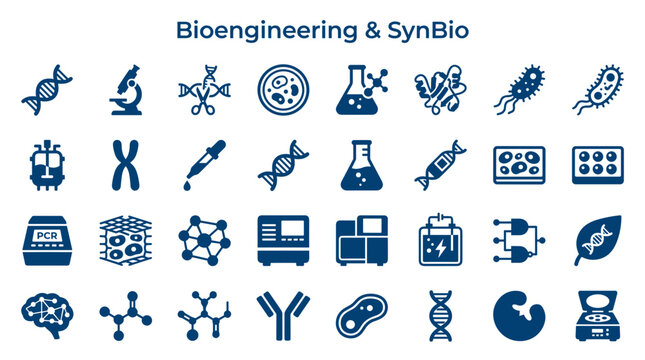 Bioengineering and Synthetic Biology Icons Set Representing DNA Cells Microbes Lab Equipment and Scientific Research Concepts