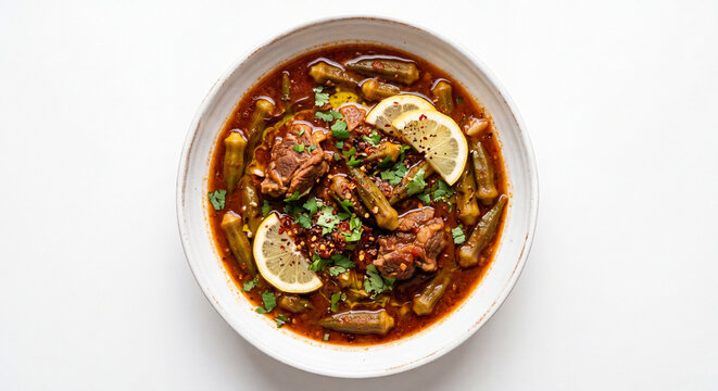 Middle Eastern Bamia bil Laham Okra Lamb Stew with Tomato Broth Garlic Coriander Lemon and Olive Oil in White Bowl White Background