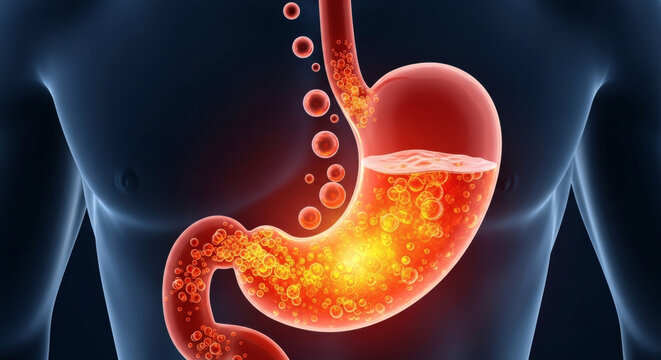 Human Stomach Anatomy with Gastric Band and Acid Reflux Illustration