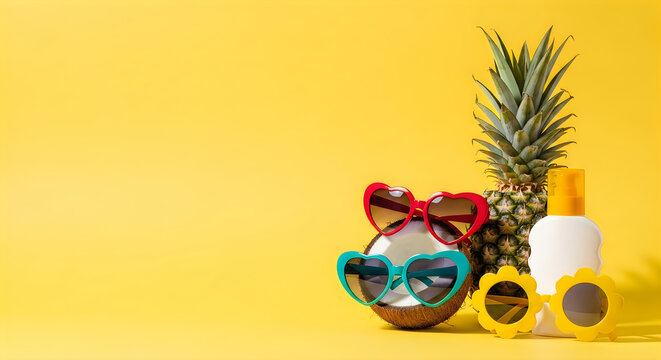 Tropical summer vibes pineapple sunglasses and sunscreen on yellow background