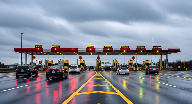 Blurry toll booth on a rainy day with cars