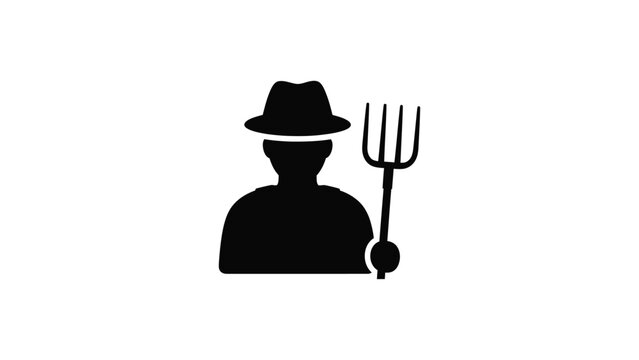 Minimalist icon of a farmer wearing a hat and holding a pitchfork.