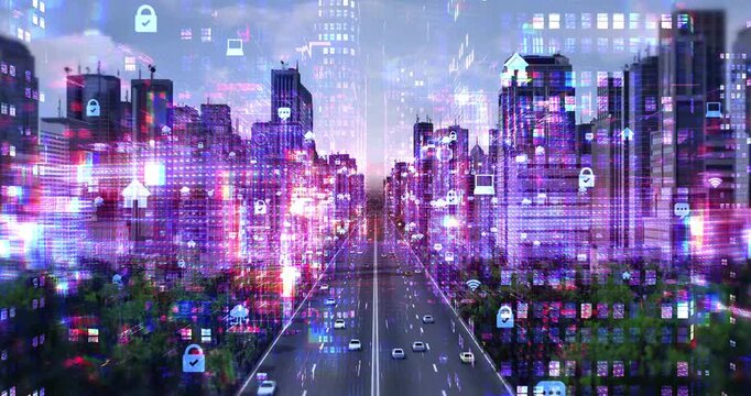 Smart city traffic with digital icons for navigation and communication. Technology Related 3D Animation.