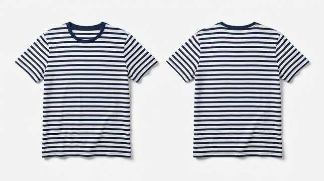 Classic horizontal striped t-shirt in navy blue and white, front and back view isolated on white background, essential for nautical or casual style mockups.