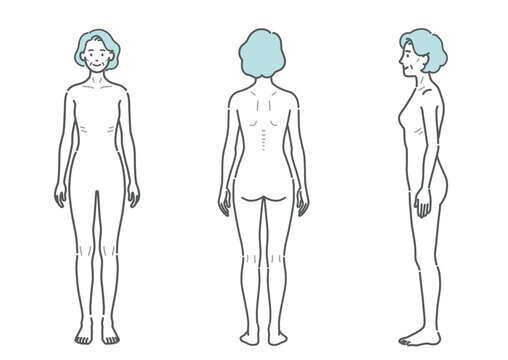 痩せ型のシニア女性の全身イラスト（正面・背面・側面の3アングルセット）
