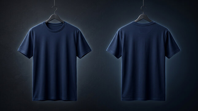 Professional presentation of a navy blue blank t-shirt on a black hanger, front and back views against a dark atmospheric background, suitable for premium branding.