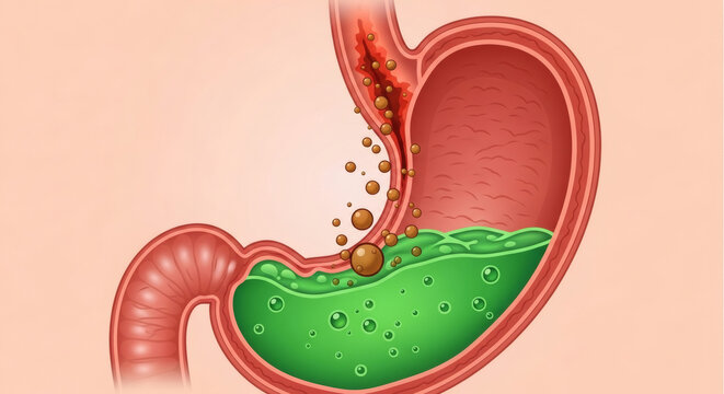 Medical illustration of stomach acid and GERD in digestive system