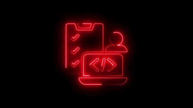 developer workflow and project management neon icon on black background, software development coding and task checklist concept neon red outline icon on b lack background in 4k video.