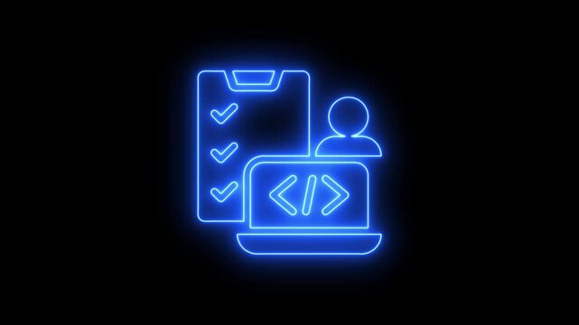 developer workflow and project management neon icon on black background, software development coding and task checklist concept neon blue outline icon on b lack background in 4k video.
