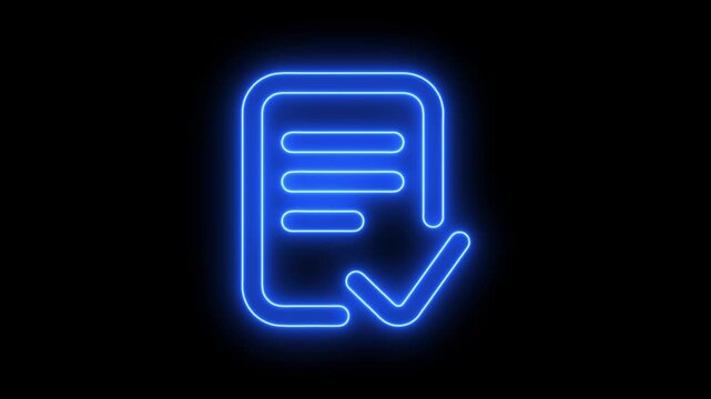 Futuristic vibrant neon blue document icon with checkmark glowing steadily against a deep black void - 4k minimalist digital motion graphic.