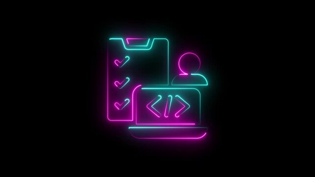developer workflow and project management neon icon on black background, software development coding and task checklist concept neon cyand and pink  outline icon on b lack background in 4k video.