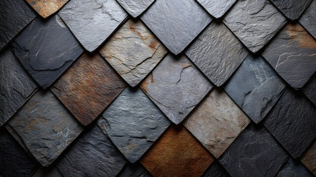 close-up of slate roof tiles in gray and brown hues