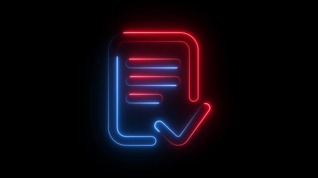 Futuristic vibrant neon blue  and red document icon with checkmark glowing steadily against a deep black void - 4k minimalist digital motion graphic.