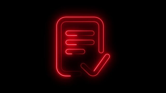 Futuristic vibrant neon blue document icon with checkmark glowing steadily against a deep black void - 4k minimalist digital motion graphic.