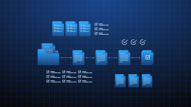 Digital document management workflow automation system with file processing, task checklist and data flow diagram.