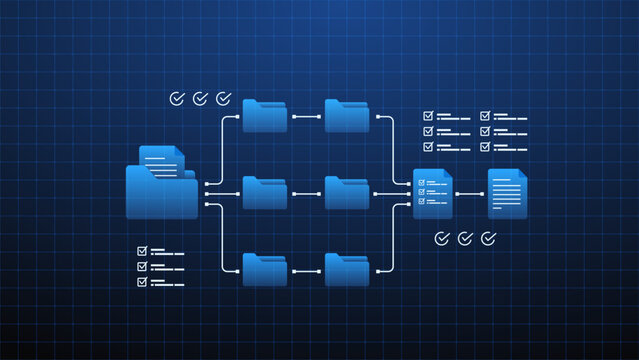Document management workflow system with folder structure, file processing pipeline and task checklist integration.