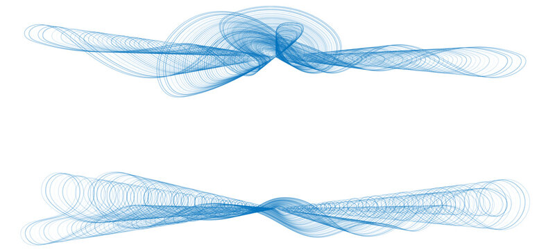 Two horizontal abstract compositions made of fine, overlapping blue lines. Fluid motion and mathematical complexity. Spirograph or a strange attractor, with swirling loops and delicate intersections o