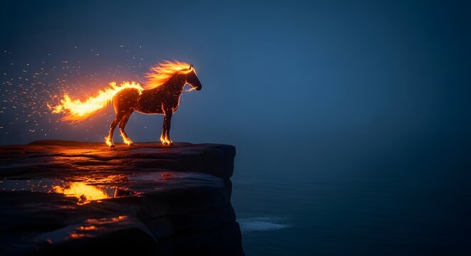 A fiery horse stands on a cliff edge at night.