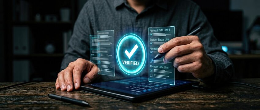 Digital verification process in business office environment technology content close-up viewpoint demonstrating modern document validation techniques