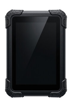 Rugged tablet computer in black protective case isolated. Durable mobile technology.