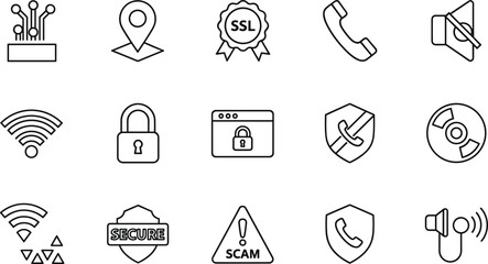 Fototapeta premium Cyber security and communication outline icons set featuring ssl lock wifi shield phone privacy protection network symbols