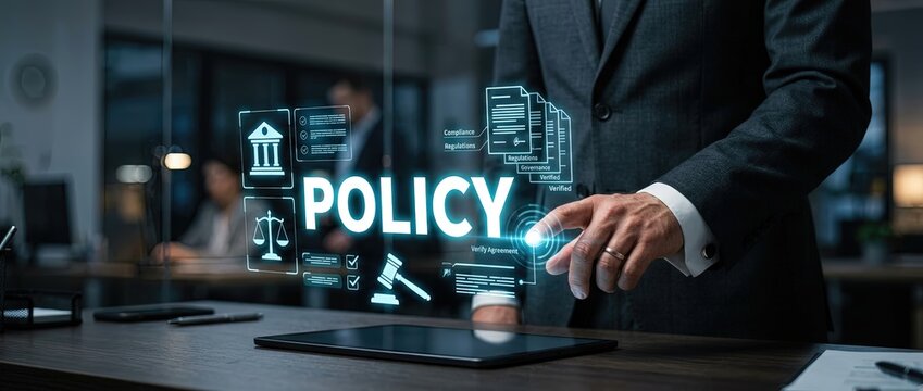 Analyzing policy implementation strategies in business environments corporate office digital content professional setting close-up view business growth concepts