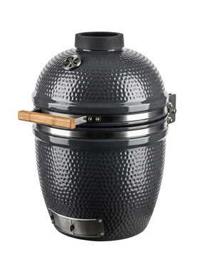 Black ceramic kamado grill isolated. Outdoor charcoal barbecue cooker.