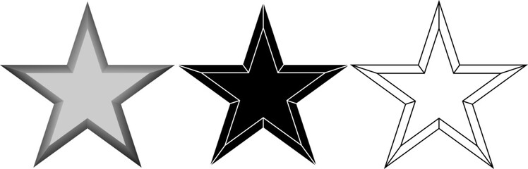 Obraz premium Set of three 3D beveled five-pointed stars in gray, black, and outline styles on white backgrounds