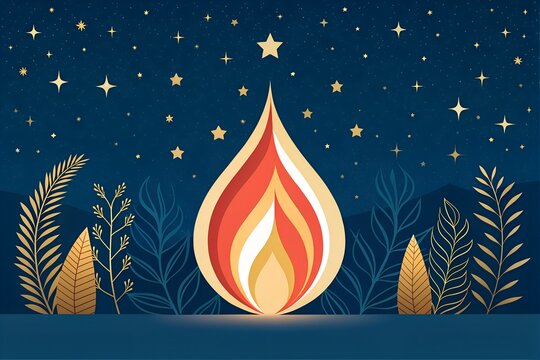 Vibrant campfire illustration featuring warm orange flames dancing above stacked logs set against a dark blue night sky dotted with twinkling stars and soft glowing orbs creating a cozy outdoor scene 