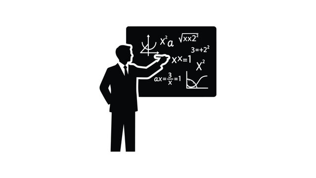 Silhouette of a professor writing complex mathematical equations on a chalkboard.