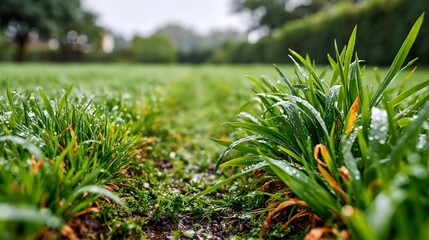 Obraz premium Fresh green grass glistens with morning dew.